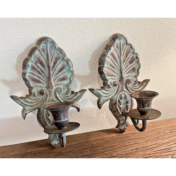 Vintage Set of 2 Metal Single Candle Wall Sconces Used Item - Picture 1 of 10